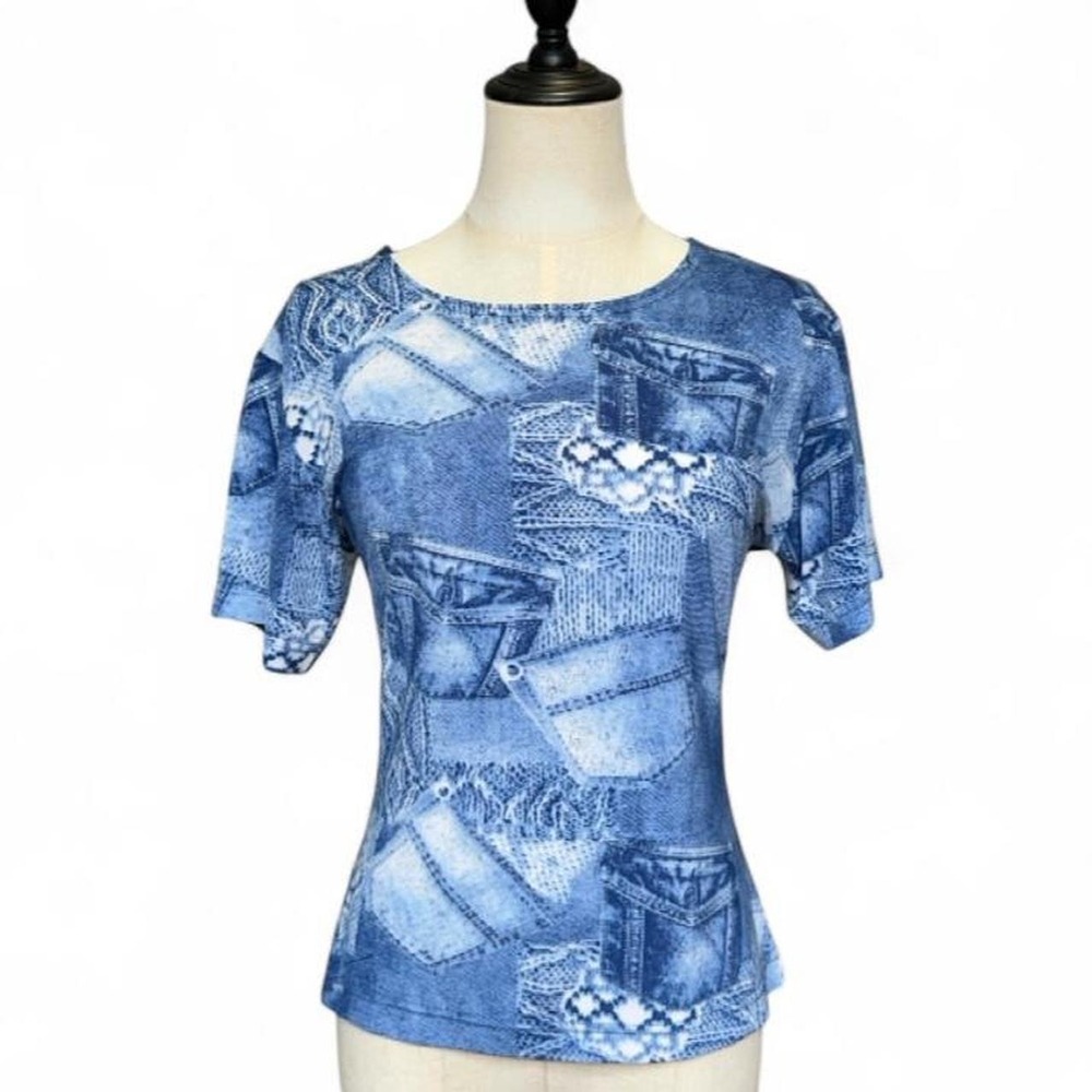 Actuelle Vintage patchwork of denim and lace pockets graphic t-shirt top Medium